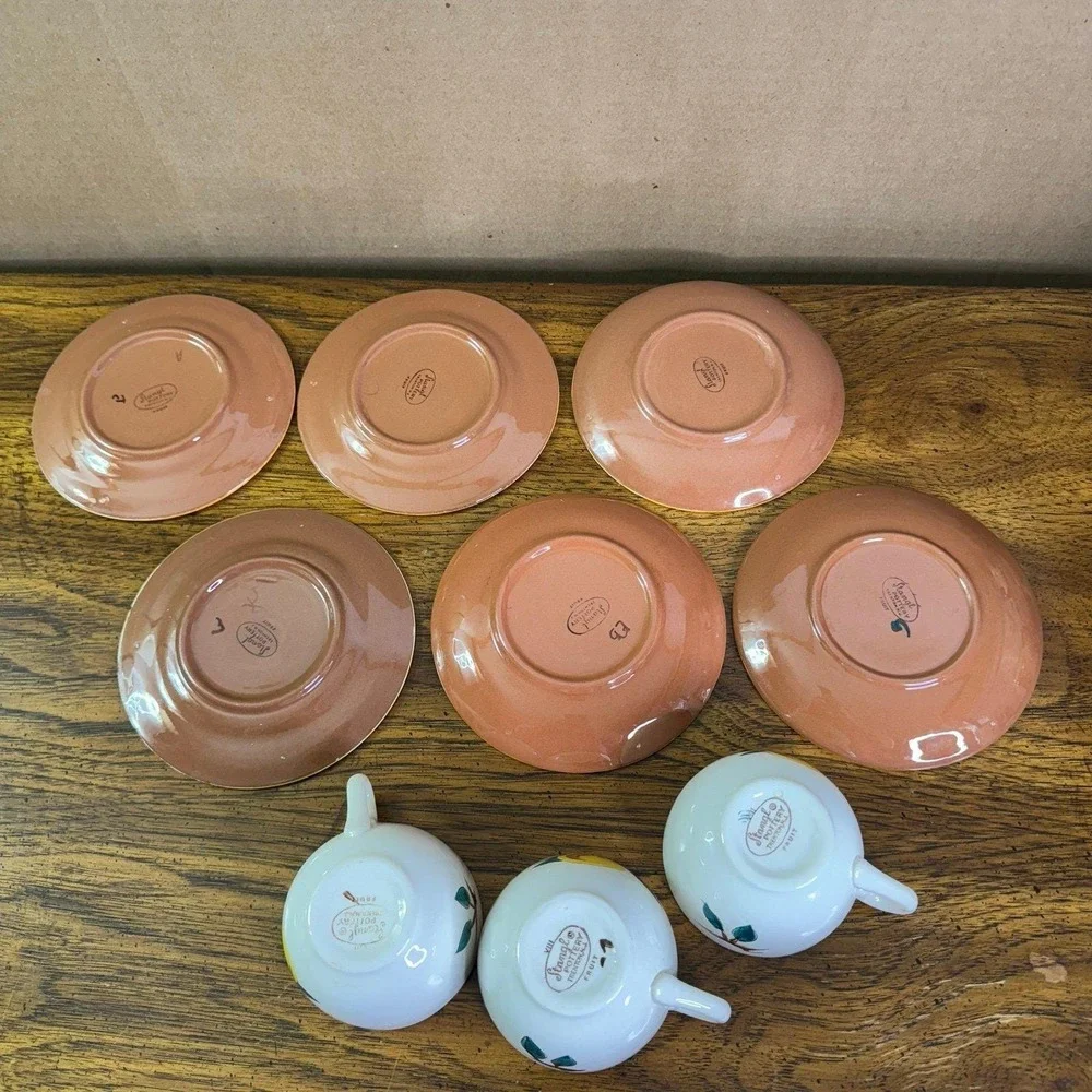 Stangl Pottery Fruit‎ Lemon Brown Trim 9-Pc Teacup Saucer & bread plates